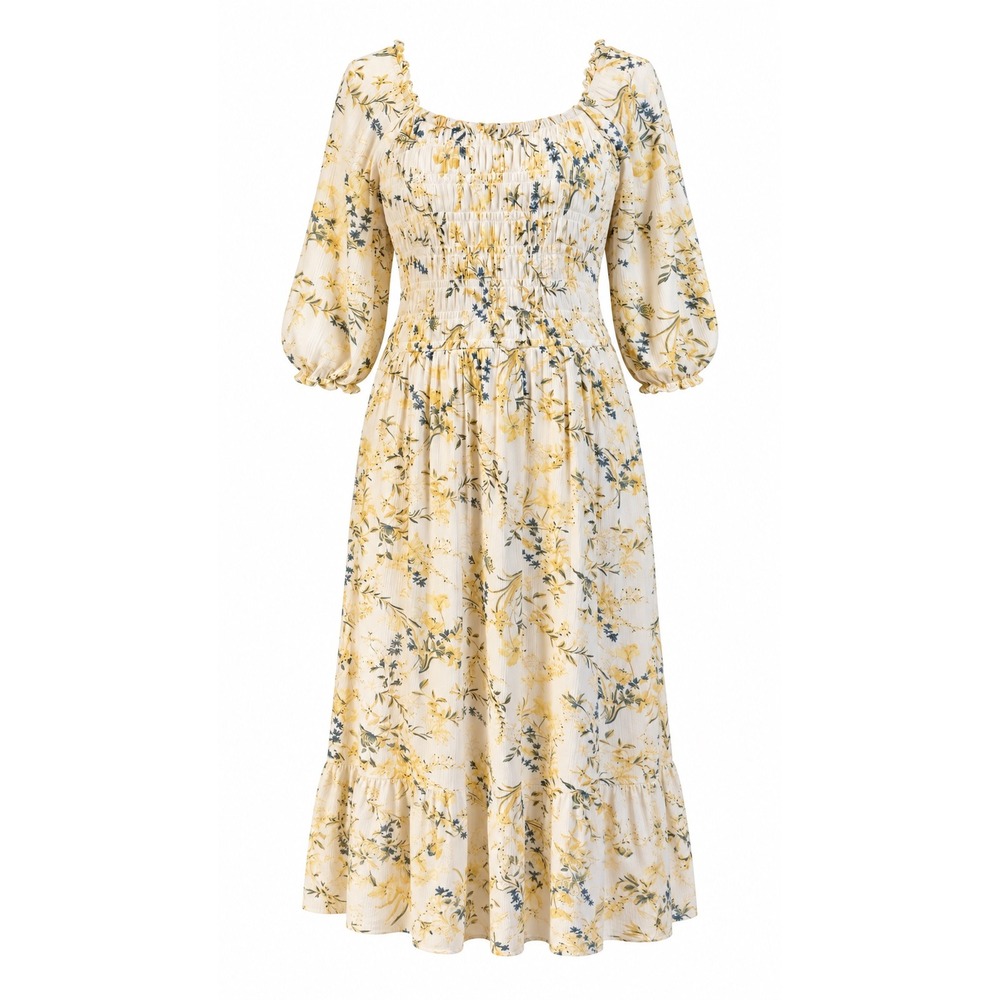 Lucky Brand Floral Smocked Puff Sleeve Midi Dress Womens XL Yellow